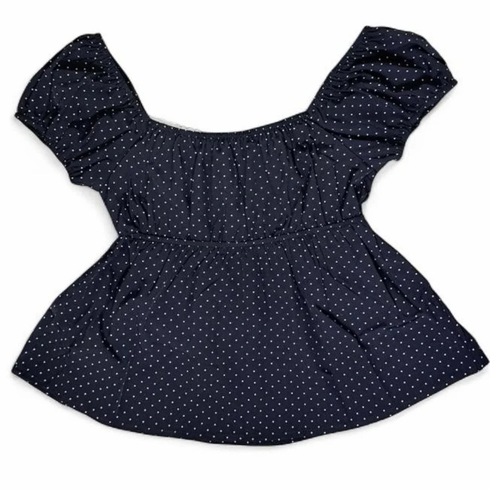 Y2K Navy Polka Dot Babydoll Top XS Ruffle Coquette Blouse Brandy Melville Style - Picture 2 of 6